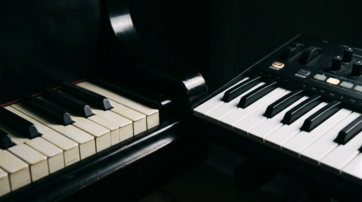 Close-up of piano and synthesizer keys in darkness