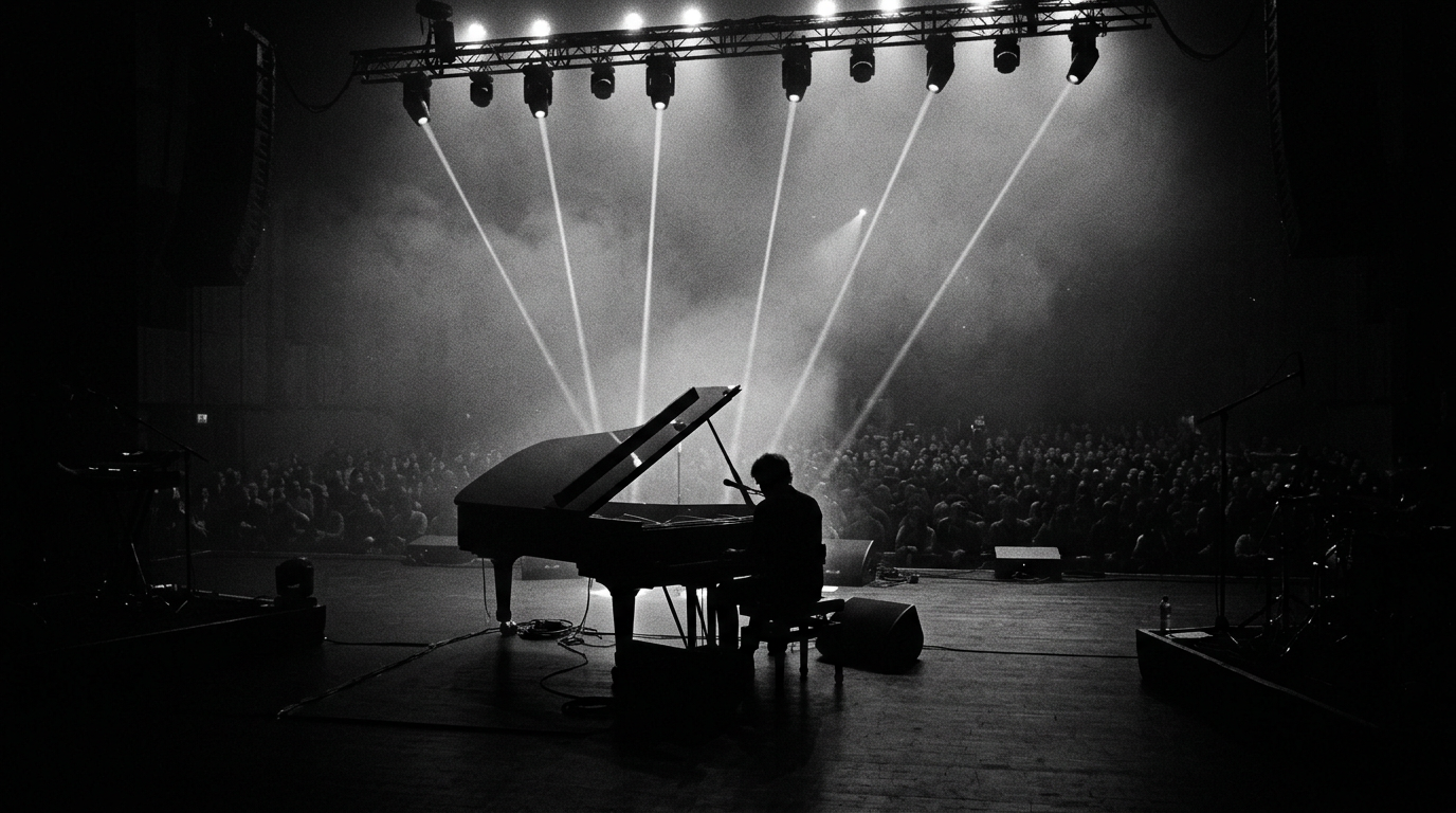 Concert stage in haze with thin spotlight beams